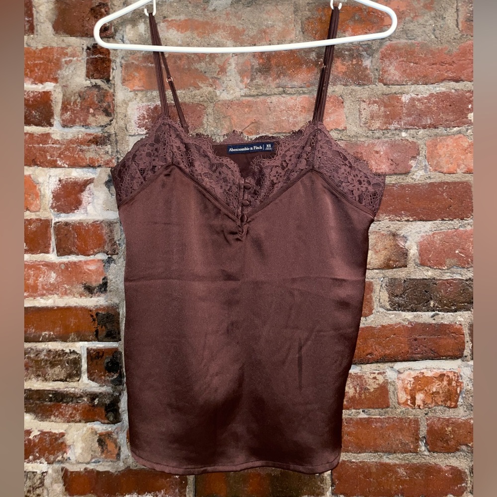 Abercrombie Lace Trim Silky Camisole, Satin Tank Top, Brown, Sexy, Size XS